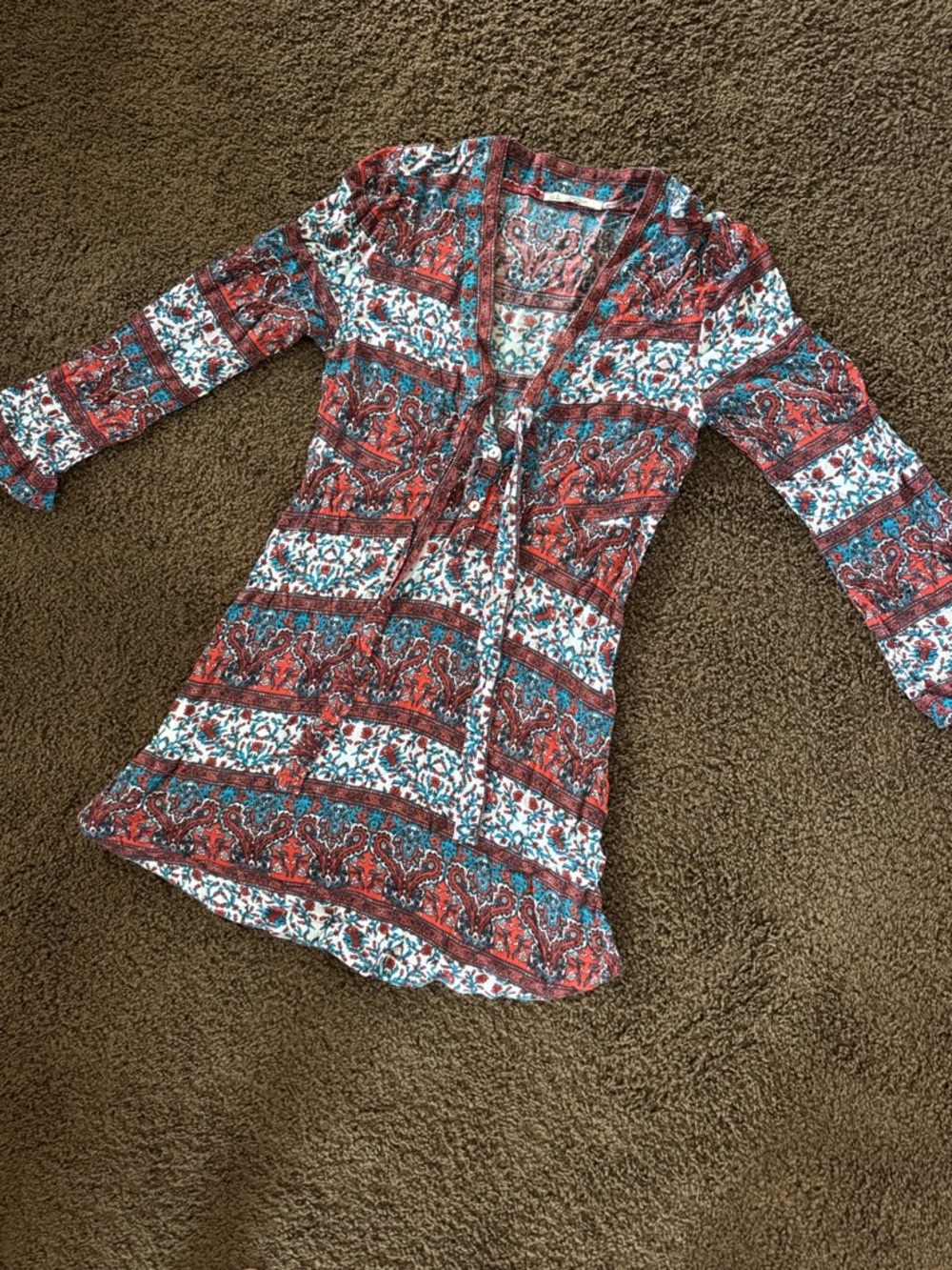 Red Paisley Tie-Front Mini Dress with Teal Accents